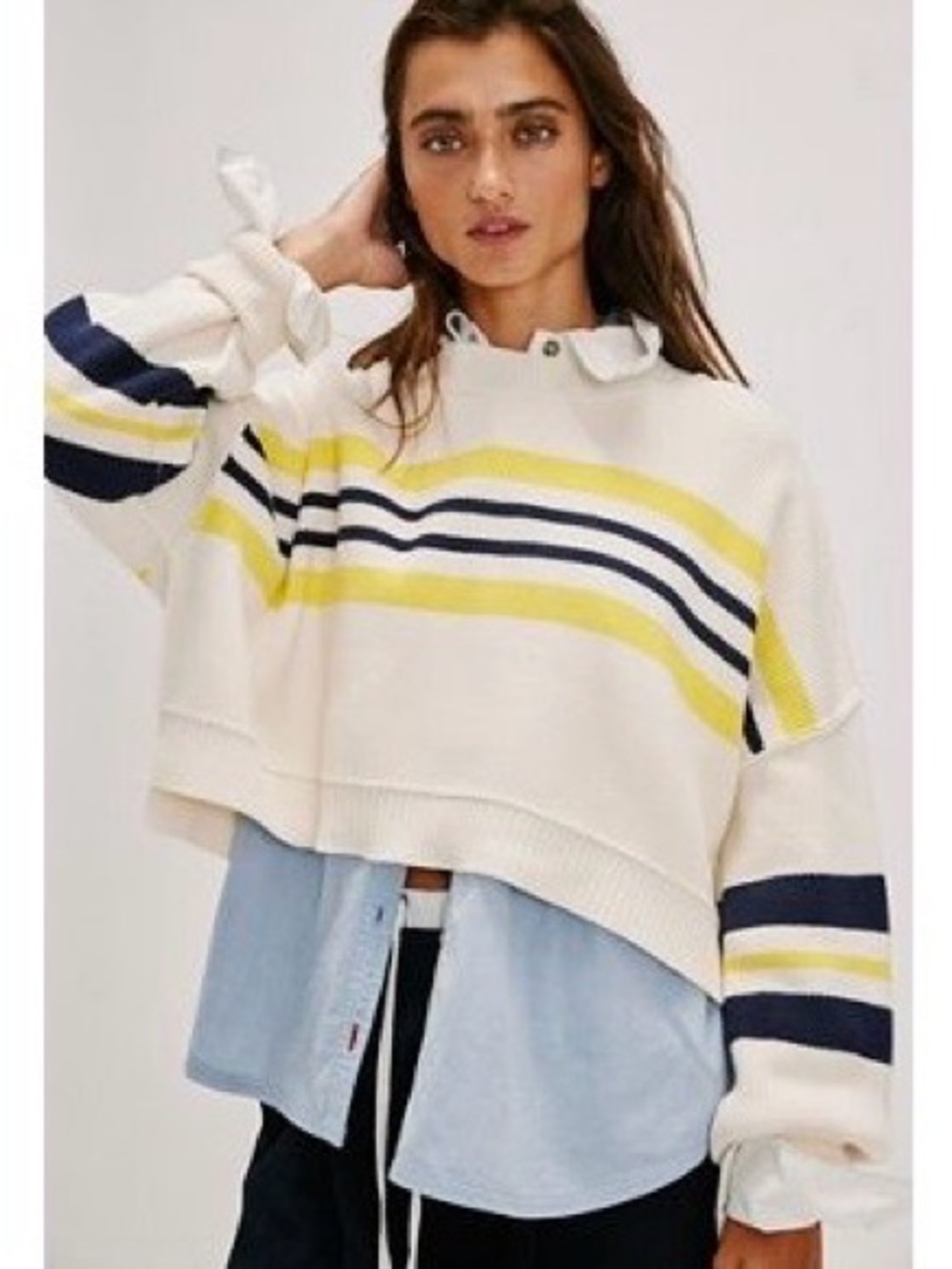 Free People Cream Cropped Pullover Sweater with Navy & Yellow Stripes